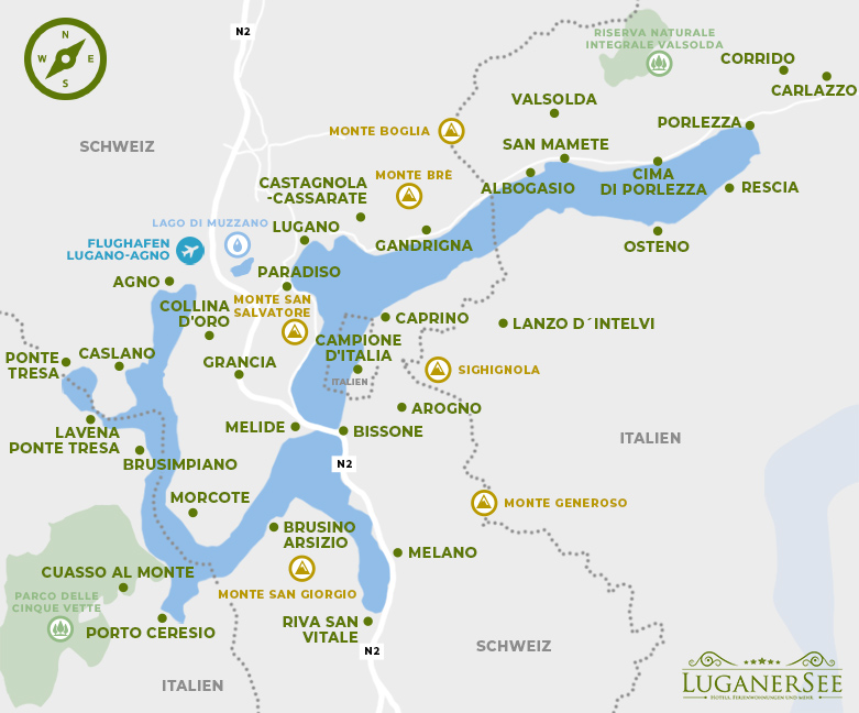 Karte der Orte am Luganer See